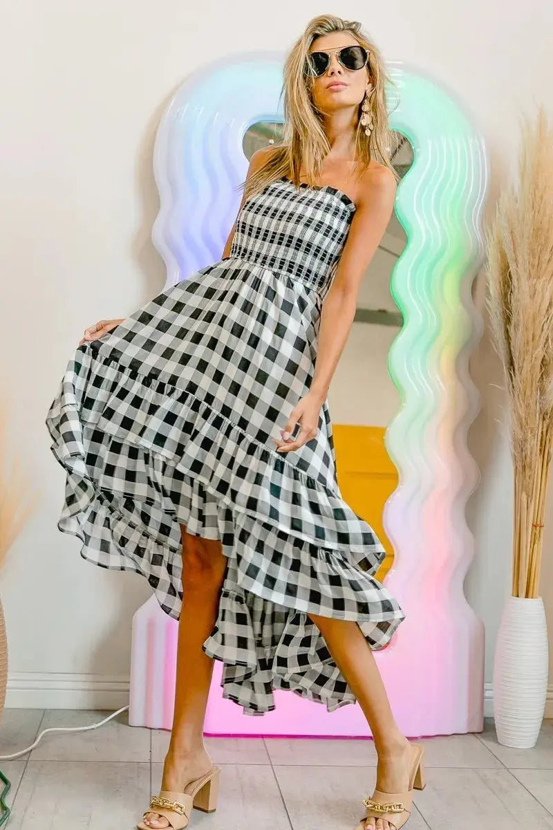 BiBi Smocked Body Off Shoulder Check Dress for Women - Love Salve